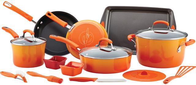 Rachael Ray Hard Enamel Nonstick 16-Piece Cookware Set, Gradient Orange 