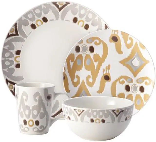 Alt view image 2 of 7 - Rachael Ray Ikat Stoneware Dinnerware Set, 16-Piece, Yellow/Gray