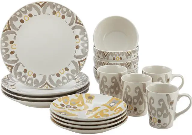 Main image of Rachael Ray Ikat Stoneware Dinnerware Set, 16-Piece, Yellow/Gray