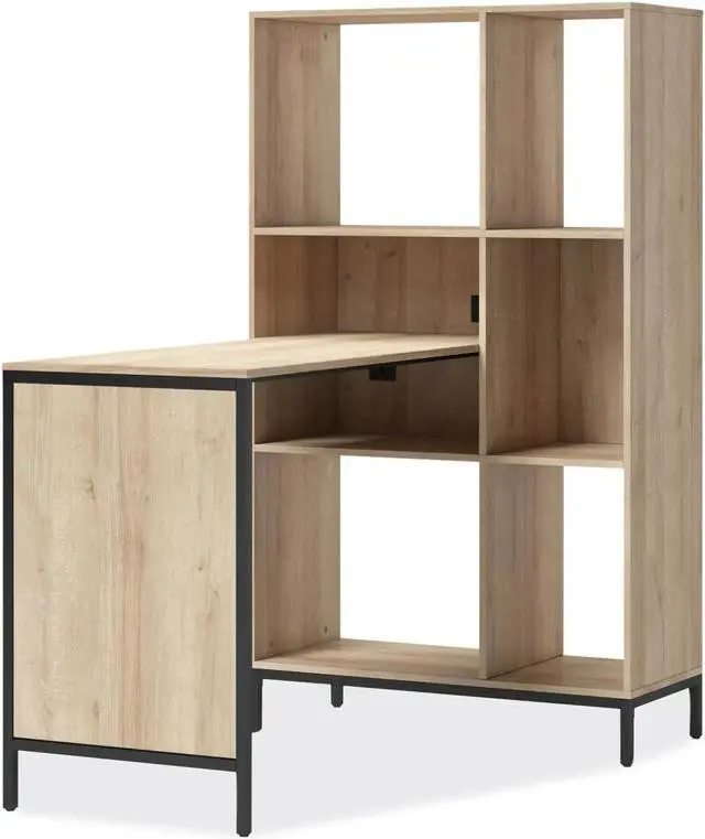 Main image of Whalen Furniture Turing Home Office Workstation with Integrated Bookcase and Power Center - Desert Ash/Black SPLS-TU48CD