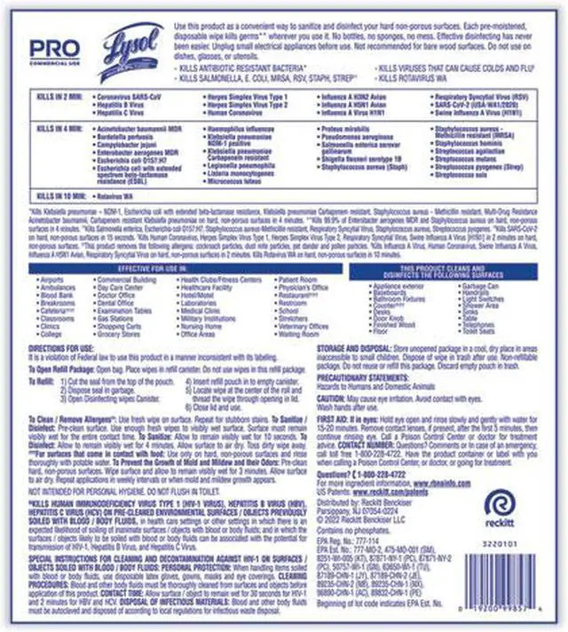 Alt view image 3 of 5 - Lysol 19200-99857 Professional Disinfecting Wipe Bucket Refill, 6 x 8, Lemon and Lime Blossom, 800 Wipes/Bag, 2 Refill Bags/Carton