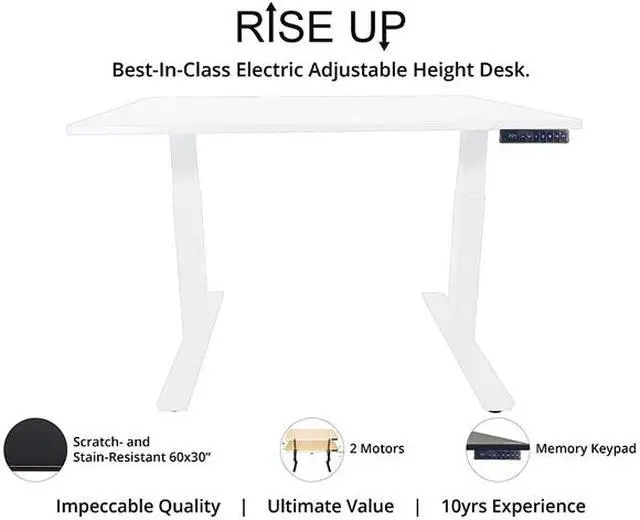 Alt view image 2 of 4 - Uncaged Ergonomics RUWW Rise Up Electric Height Adjustable Sit/Stand Desk, with WHITE Desktop, Memory, Dual Motors (WHITE MDF Top/White Frame)