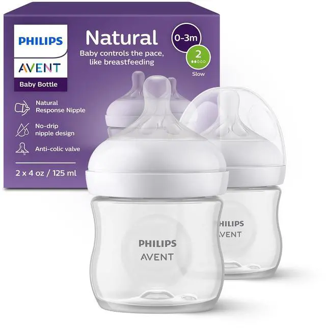 Main image of Philips Avent Natural Baby Bottles with Natural Response Nipples (Slow Flow, Flow 2), 4oz, 2-pack, SCY900/02