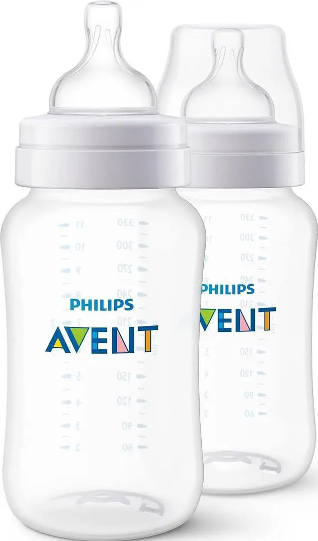 Main image of Philips Avent Anti-colic Baby Bottles, 11oz, with Flow 3 Nipples, 3m+, 2pk, Clear, SCY106/02