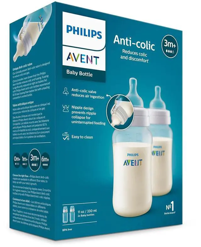 Alt view image 9 of 10 - Philips Avent Anti-colic Baby Bottles, 11oz, with Flow 3 Nipples, 3m+, 2pk, Clear, SCY106/02