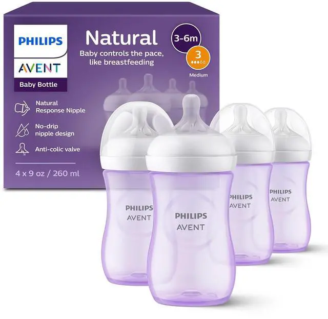Main image of Philips Avent Natural Baby Bottle With Natural Response Nipple, Purple, 9oz 4pk, SCY903/34