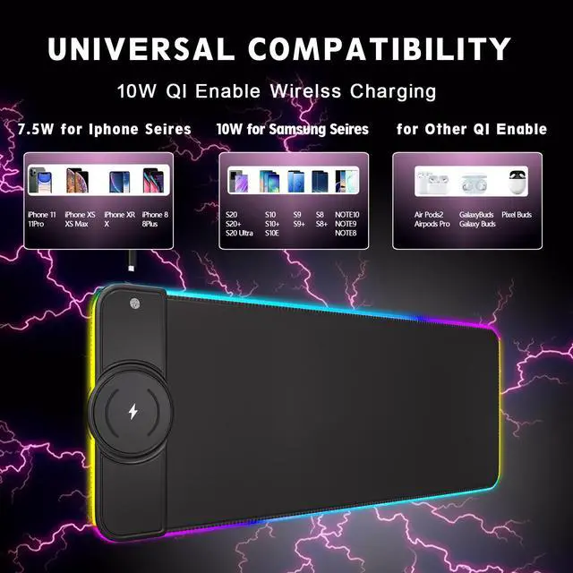Alt view image 2 of 5 - RGB Gaming Mouse Pad with 10W Wireless Charger Pad 10 Light Mode Extended Large Mouse Mat Waterproof Non-Slip Rubber Bottom 800*300*4mm