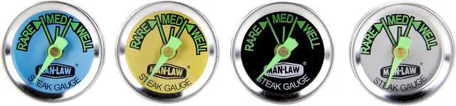 Alt view image 4 of 5 - Man Law Steak Gauge thermometer with glow in the dark dial, set of 4