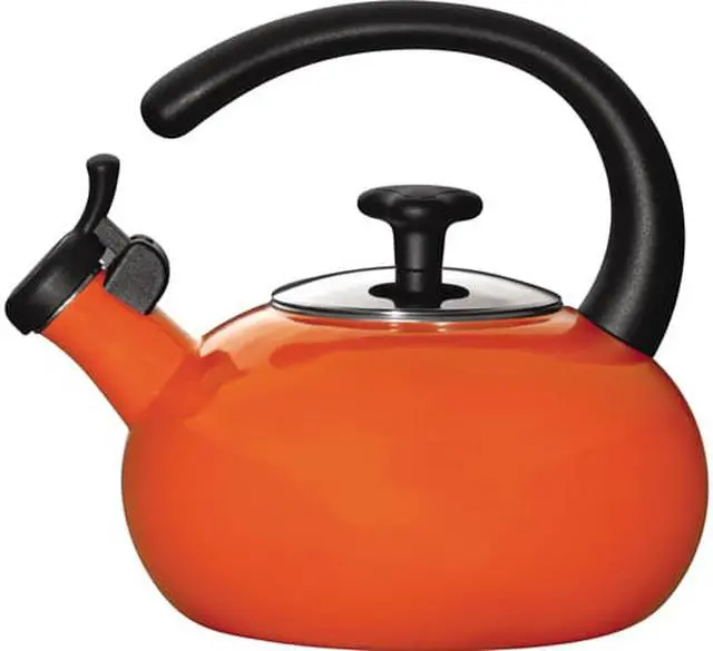 Main image of Rachael Ray 1.5-qt. Porcelain Enamel Curve Tea Kettle, Orange