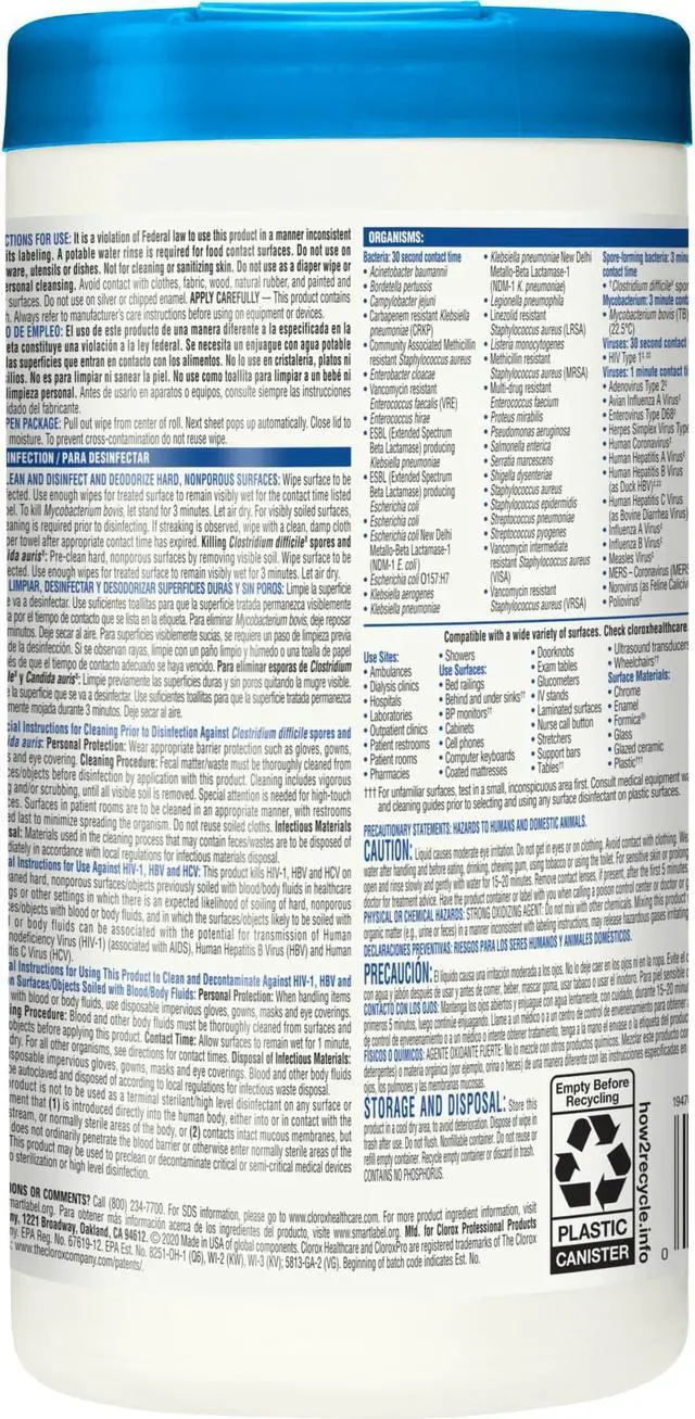 Alt view image 2 of 3 - Clorox Bleach Germicidal Wipes, 6 x 5, Unscented, 150/Canister, 6 Canisters/Carton CLO30577CT