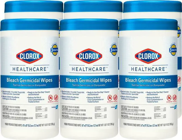 Alt view image 3 of 3 - Clorox Bleach Germicidal Wipes, 6 x 5, Unscented, 150/Canister, 6 Canisters/Carton CLO30577CT