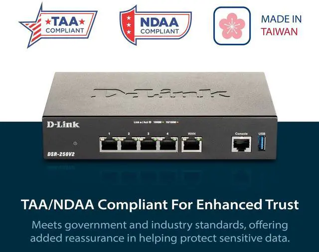 Alt view image 3 of 6 - D-Link Gigabit VPN Router | Perfect for Remote Work | 4 Port Gigabit Dual WAN Failover | Enterprise-Grade Encryption | TAA/NDAA Compliant (DSR-250V2)