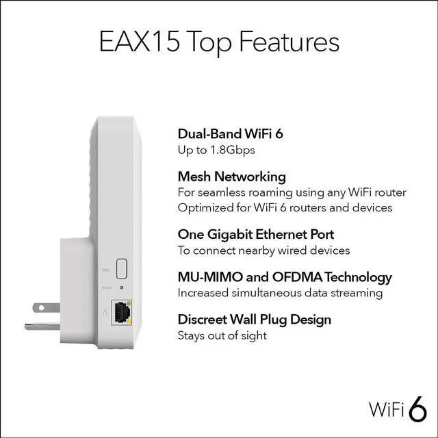 Alt view image 8 of 11 - Netgear AX1800 Dual-Band WiFi 6 Mesh Extender, 1.8Gbps, Wall-plug, Internal Antennas, EAX15-100NAS