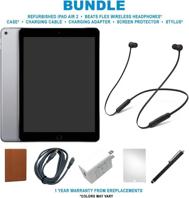 Alt view image 2 of 6 - Refurbished Apple iPad Air 2 (2nd gen, 2014) 16GB, Space Gray, Beats Bundle. Includes iPad Air, Beats Flex Headphones, Case, Screen Protector, Stylus, Charging Adapter and Lightning Charging cable
