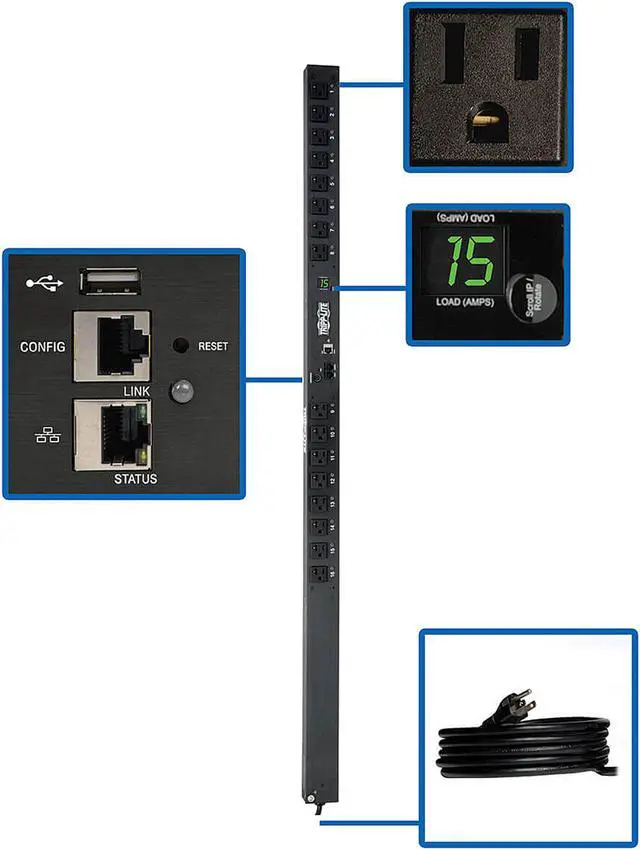 Main image of Tripp Lite 1.4 kWatts Single-Phase Switched PDU with LX Platform Interface, 120V Outlets (16 x 5-15R), 10.0 Feet Cord w/5-15P, 0U, TAA (PDUMV15NETLX)