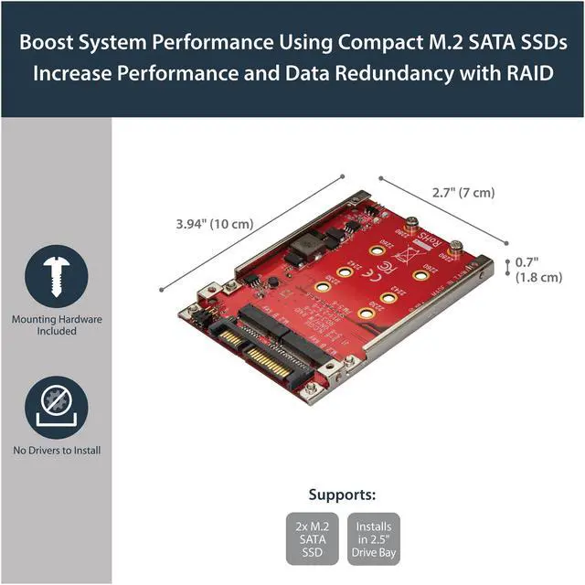 Alt view image 4 of 4 - StarTech.com S322M225R M.2 to SATA Adapter - Dual Slot - for 2.5in Drive Bay - RAID -  M.2 SSD - M.2 Adapter - M.2 SSD Adapter