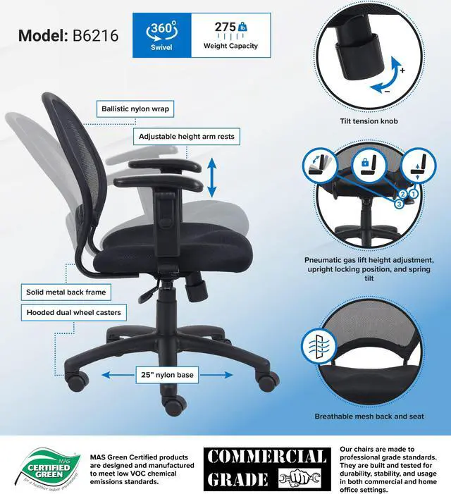 Alt view image 6 of 6 - Boss B6216 Mesh Chair with Adjustable Arms