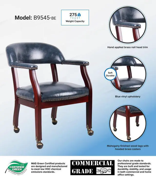 Alt view image 3 of 3 - BOSS Captain’s guest, accent or dining chair in Blue Vinyl W/ Casters