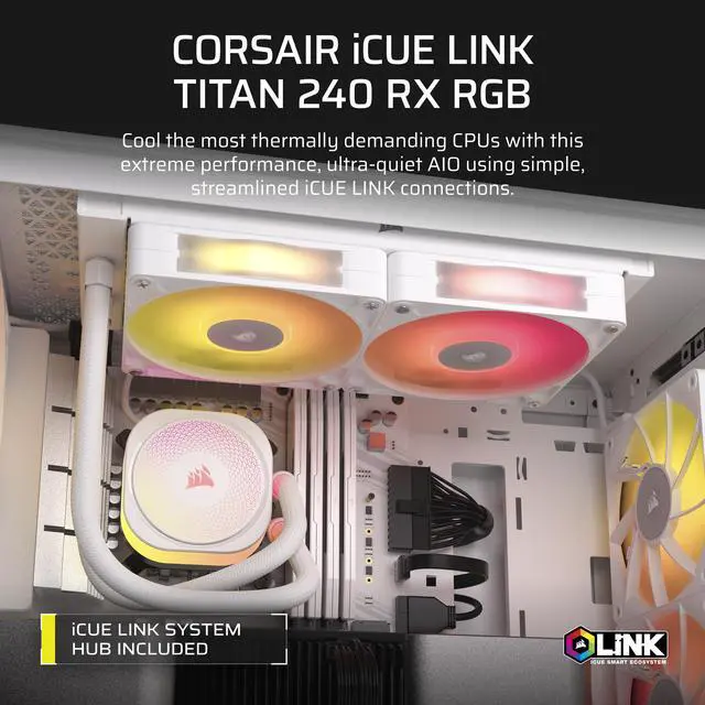 Alt view image 2 of 9 - CORSAIR iCUE LINK TITAN 240 RX RGB Liquid CPU Cooler - White - RX120 RGB Fans - Fits Intel LGA 1851/1700, AMD AM5/AM4 - iCUE LINK System Hub Included