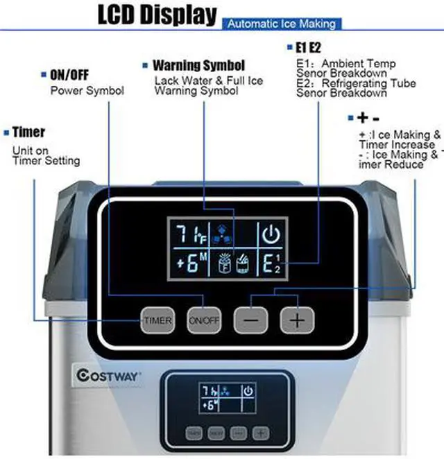 Alt view image 3 of 6 - Costway Stainless Steel Ice Maker Machine Countertop 48Lbs/24H Self-Clean with LCD Display