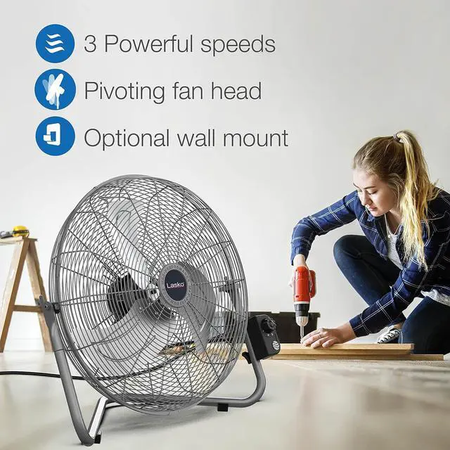 Alt view image 5 of 10 - Lasko 20" Silver High Velocity Wall Mount Fan with Pivoting Head - 3 Speeds, Ideal Wall Mount Fan or Floor Fan for Home, Garage, Attic, 2265QM