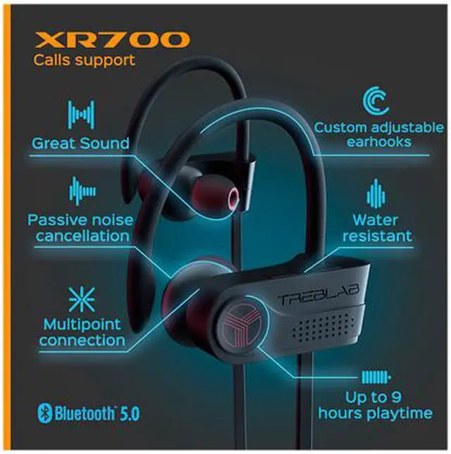 Alt view image 3 of 6 - TREBLAB XR700 PRO Wireless Running Earbuds - Top 2019 Sports Headphones, Custom Adjustable Earhooks, Bluetooth 5.0 IPX7 Waterproof, Rugged Workout Earphones, Noise Cancelling Microphone In-Ear Headset