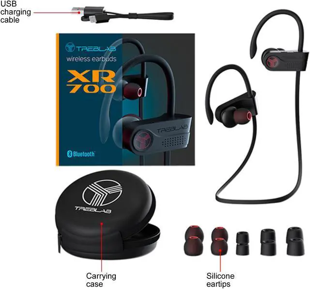 Alt view image 6 of 6 - TREBLAB XR700 PRO Wireless Running Earbuds - Top 2019 Sports Headphones, Custom Adjustable Earhooks, Bluetooth 5.0 IPX7 Waterproof, Rugged Workout Earphones, Noise Cancelling Microphone In-Ear Headset