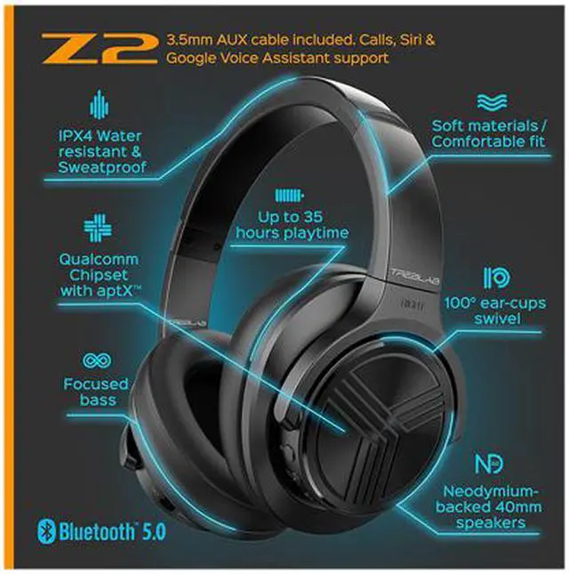 Alt view image 4 of 5 - TREBLAB Z2, Over Ear Workout Headphones with Microphone, Bluetooth 5.0, Active Noise Cancelling (ANC), Up to 35H Battery Life, Wireless Headphones for Sport, Workout, Running, Gym (Black)