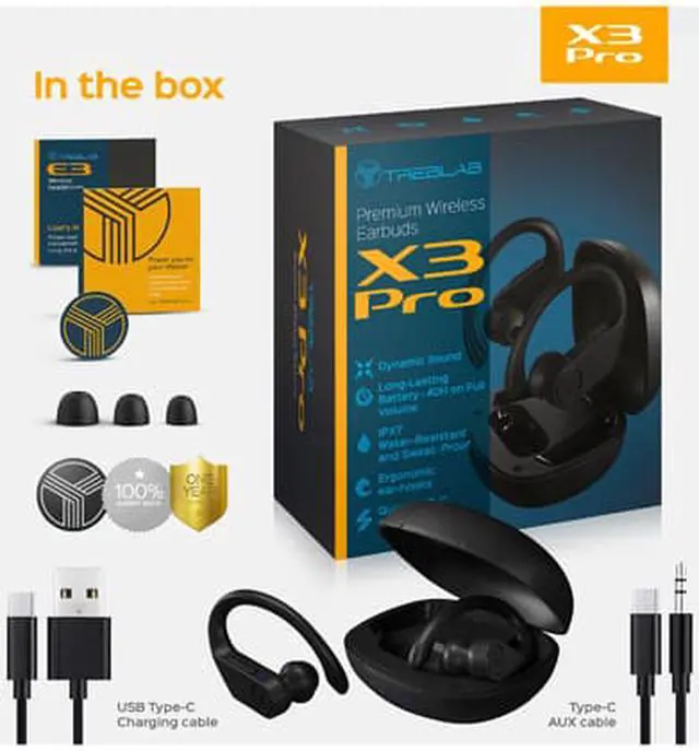 Alt view image 6 of 6 - TREBLAB X3 Pro - Workout True Wireless Earbuds, Comfortable Earhooks, Bluetooth 5.3, Punchy Bass, Noise Isolation, 145H Playtime, IPX5 Waterproof, Sweatproof, 2 Mics for Calls, Sport Bluetooth Earbuds