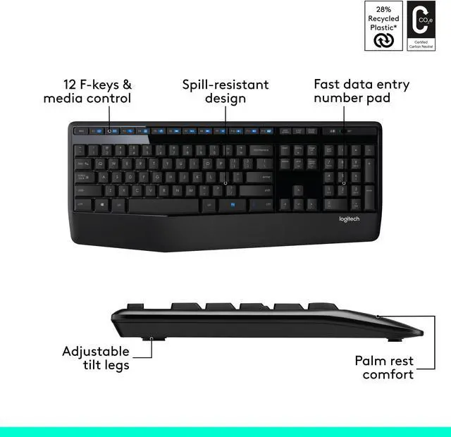 Alt view image 6 of 10 - Logitech MK345 Wireless Combo Full-Sized Keyboard with Palm Rest and Comfortable Right-Handed Mouse, 2.4 GHz Wireless USB Receiver, Compatible with PC, Laptop