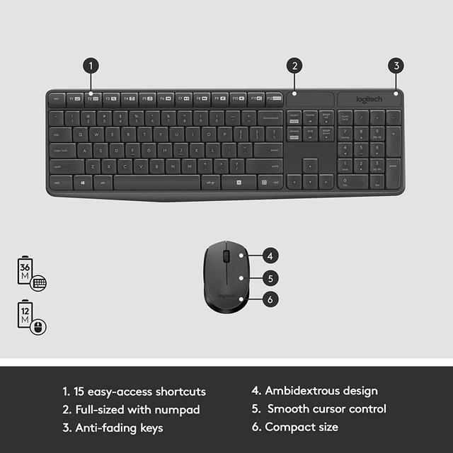Alt view image 7 of 9 - Logitech MK235 Wireless Keyboard and Mouse Combo for Windows, 2.4 GHz Wireless Unifying USB Receiver, 15 FN Keys, Long Battery Life, Compatible with PC, Laptop