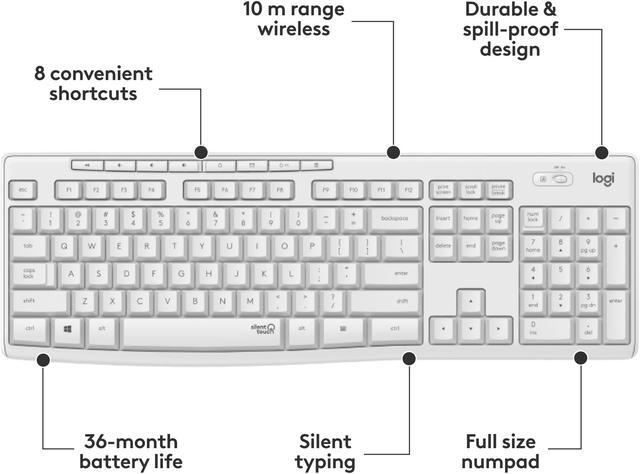 Alt view image 5 of 8 - Logitech MK295 Wireless Mouse & Keyboard Combo with SilentTouch Technology, Full Numpad, Advanced Optical Tracking, Lag-Free Wireless, 90% Less Noise - Off White
