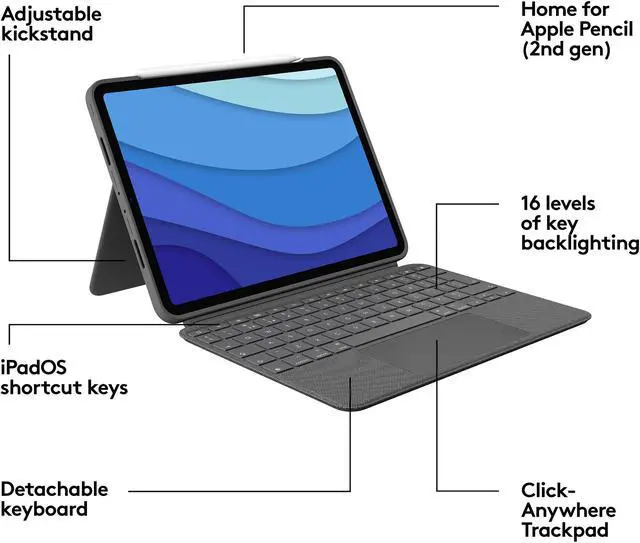 Alt view image 5 of 9 - Logitech Combo Touch iPad Pro 11" (1st, 2nd, and 3rd Generation) Keyboard Case - Detachable Backlit Keyboard with Kickstand, Click-Anywhere Trackpad, Smart Connector - Oxford Gray