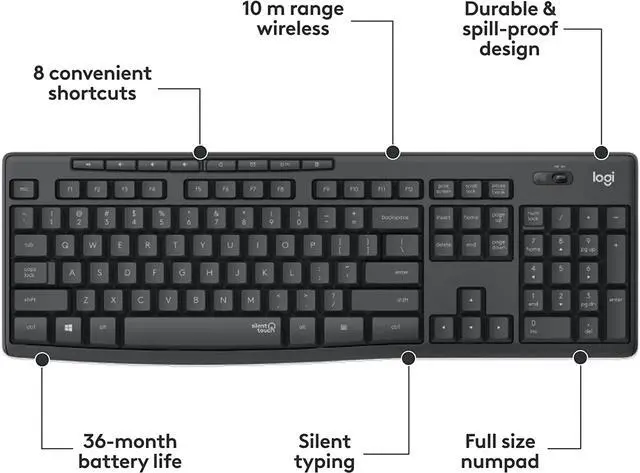 Alt view image 5 of 10 - Logitech MK295 Wireless Mouse & Keyboard Combo with SilentTouch Technology, Full Numpad, Advanced Optical Tracking, Lag-Free Wireless, 90% Less Noise - Graphite