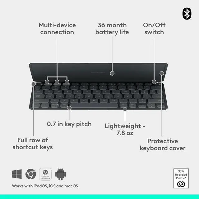 Alt view image 8 of 9 - Logitech KEYS-To-Go 2, Ultra-Portable Bluetooth Wireless Keyboard, Protective Cover, Easy-Switch Multi-Device, for iPad, iPhone, Mac, Windows, Android Tablets & Smartphones, Graphite