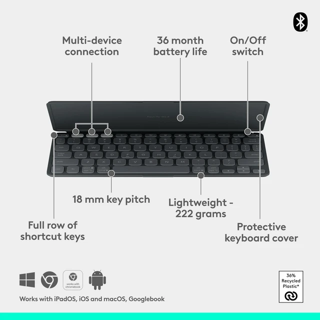 Alt view image 9 of 9 - Logitech KEYS-To-GO 2, Ultra-Slim Bluetooth Scissor-Switch Portable Wireless Keyboard With Built-In Protective Cover, Multi-OS Compatible for Android, Windows, Chrome, IOS Tablets, Graphite