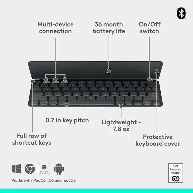 Alt view image 9 of 9 - Logitech Keys-To-Go 2 for iPad, Ultra-Slim Bluetooth Scissor-Switch Portable Wireless Keyboard With Built-in Protective Cover, 3-Year Battery Life, Easy-Switch for iPad, iPhone, Mac, Graphite