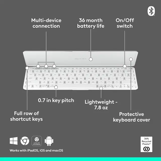 Alt view image 7 of 9 - Logitech KEYS-To-GO 2, Ultra-Slim Bluetooth Scissor-Switch Portable Wireless Keyboard With Built-In Protective Cover, Multi-OS Compatible for Android, Windows, Chrome, IOS Tablets, Off-white