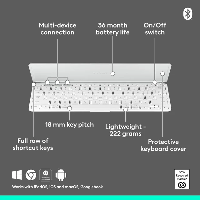 Alt view image 9 of 9 - Logitech KEYS-To-GO 2, Ultra-Slim Bluetooth Scissor-Switch Portable Wireless Keyboard With Built-In Protective Cover, Multi-OS Compatible for Android, Windows, Chrome, IOS Tablets, Off-white