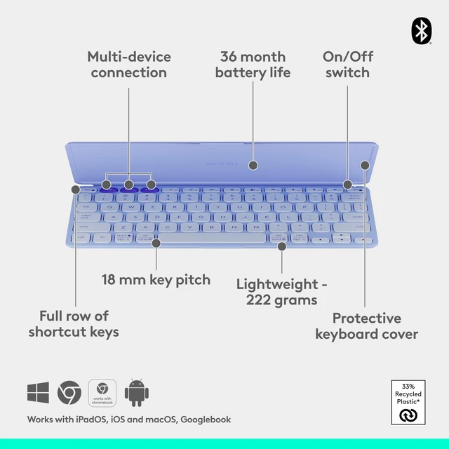 Alt view image 9 of 9 - Logitech KEYS-To-GO 2, Ultra-Slim Bluetooth Scissor-Switch Portable Wireless Keyboard With Built-In Protective Cover, Multi-OS Compatible for Android, Windows, Chrome, IOS Tablets, Lilac