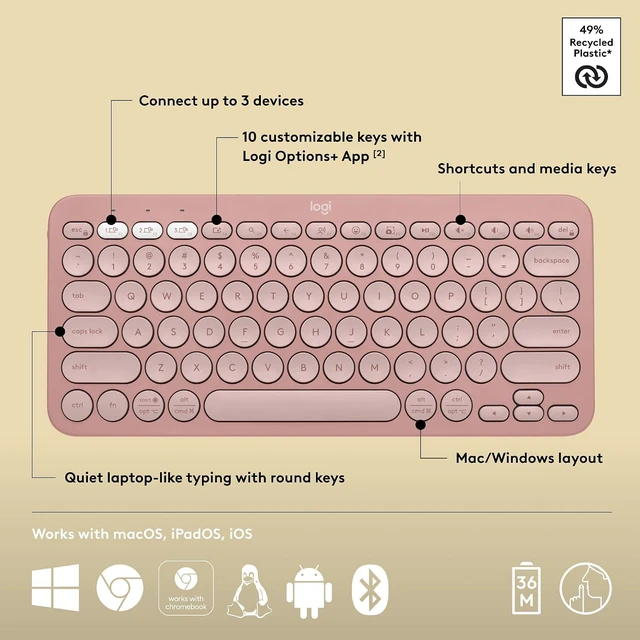 Alt view image 8 of 11 - Logitech Pebble Keys 2 K380s, Multi-Device Bluetooth Wireless Keyboard with Customizable Shortcuts, Slim and Portable, Easy-Switch for Windows, macOS, iPadOS, Android, Chrome OS - Tonal Rose