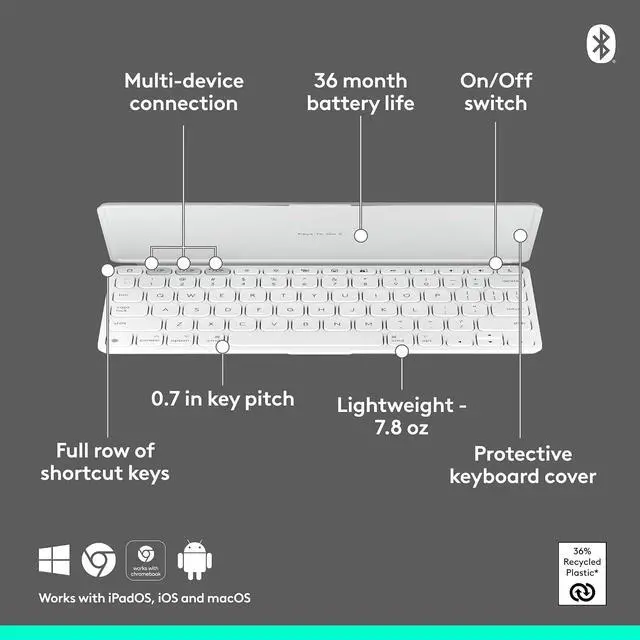 Alt view image 9 of 9 - Logitech Keys-To-Go 2 Portable Wireless iPad Keyboard with Built-in Cover, Slim and Compact Bluetooth Keyboard for iPad, iPhone, Mac, and Apple TV, Easily Switch with Devices, Off-white