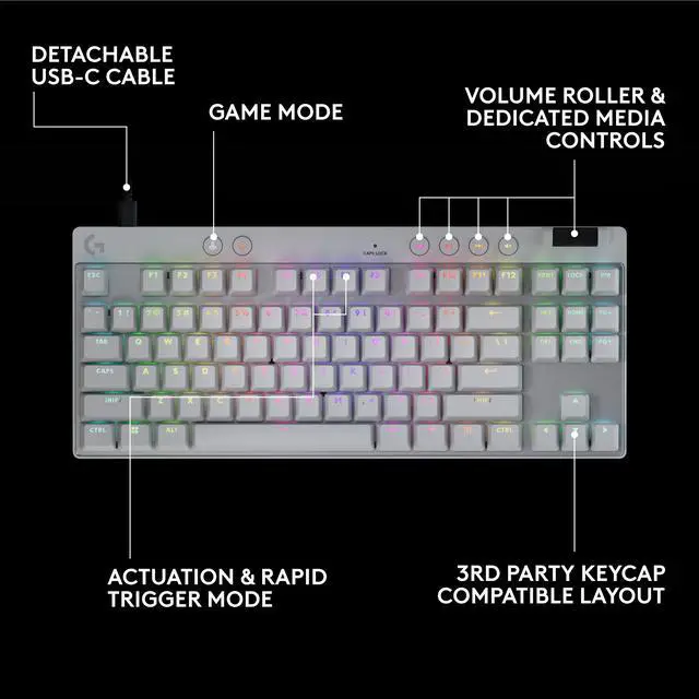 Alt view image 7 of 9 - Logitech G PRO X TKL RAPID Tenkeyless Wired Gaming Keyboard With Magnetic Analog Switches, Rapid Trigger Mode, Adjustable Actuation, and Customizable RGB Lighting, Off-white - Cable Connectivity - USB