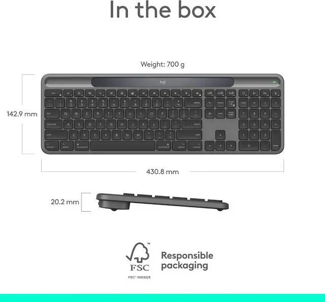 Alt view image 12 of 12 - Logitech Signature Slim Solar + Wireless Bluetooth Keyboard, LightCharge Solar Charging, Quite Scissor Switch, Multi-Device Buletooth Pairing, Eco-Friendly Recycled Construction for Office, Graphite