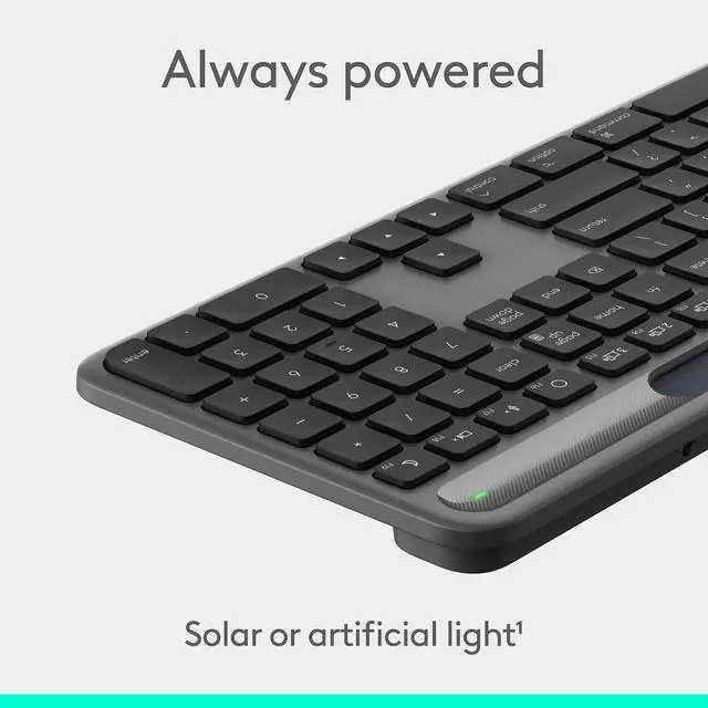 Alt view image 10 of 12 - Logitech Signature Slim Solar + Wireless Bluetooth Keyboard, LightCharge Solar Charging, Quite Scissor Switch, Multi-Device Buletooth Pairing, Eco-Friendly Recycled Construction for Office, Graphite
