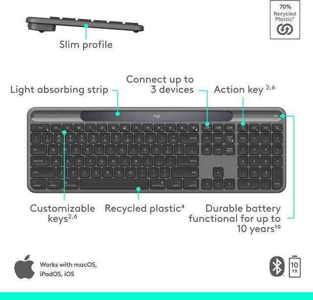 Alt view image 11 of 12 - Logitech Signature Slim Solar + Wireless Bluetooth Keyboard, LightCharge Solar Charging, Quite Scissor Switch, Multi-Device Buletooth Pairing, Eco-Friendly Recycled Construction for Office, Graphite