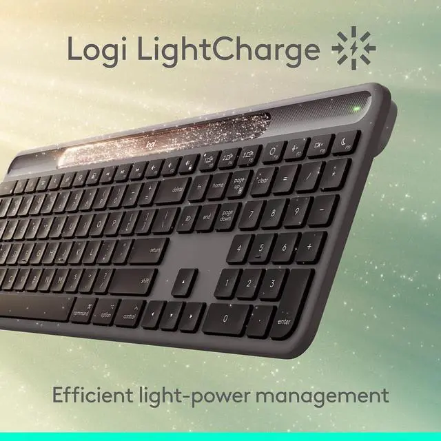 Alt view image 7 of 12 - Logitech Signature Slim Solar + Wireless Bluetooth Keyboard, LightCharge Solar Charging, Quite Scissor Switch, Multi-Device Buletooth Pairing, Eco-Friendly Recycled Construction for Office, Graphite