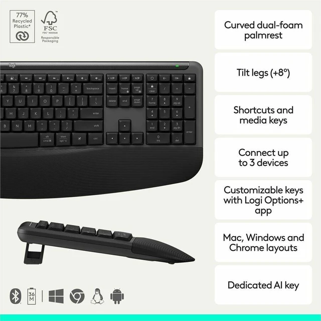 Alt view image 2 of 5 - Logitech Signature Comfort Plus Combo MK880 Wireless Keyboard and Mouse Combo - Full-Size Comfort Keyboard with Palm Rest - Black - 920-013968