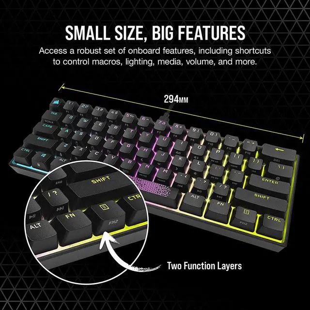 Alt view image 3 of 11 - CORSAIR K65 RGB MINI 60% Mechanical Gaming Keyboard - Customizable Per-Key RGB Backlighting - CHERRY MX Red Mechanical Keyswitches - Detachable USB Type-C Cable - AXON Hyper-Processing Technology
