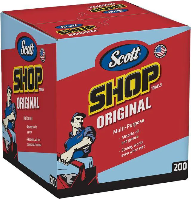 Main image of Scott Shop Towels Original (75190), Blue, Pop-Up Dispenser Box, 10” x 12”, 200 Sheets / Box, 8 Boxes / Case, 1,600 Towels / Case